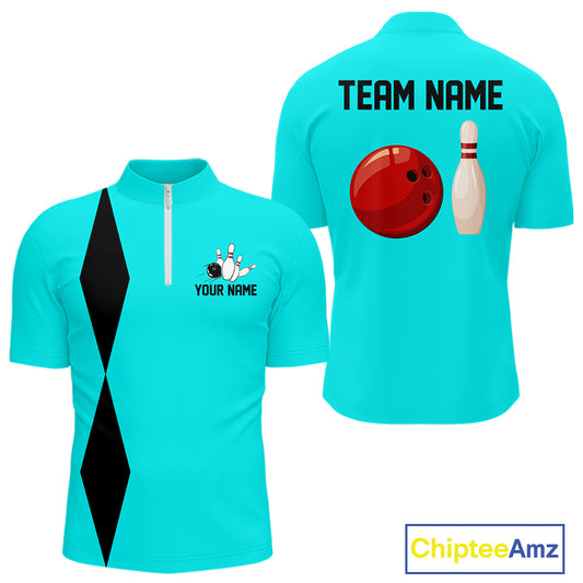 Personalized Retro Bowling Polo, 1/4 Zip Shirt For Men custom vintage bowling team jersey | Cyan Blue NQS11017
