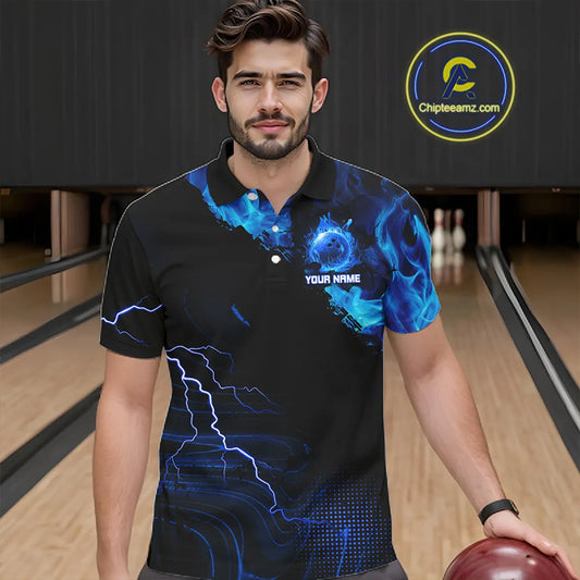 Black & Blue Flame Lightning Thunder Bowling Shirts For Men Custom Bowling Team Jersey, Bowlers Gift NQS11227