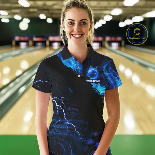 Black & Blue Flame Lightning Thunder Bowling Shirt For Women Custom Bowling Team Jersey, Bowlers Gift NQS11227