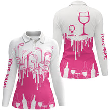 Load image into Gallery viewer, White and Pink womens golf shirt Golf & wine custom name womens golf polo shirts NQS6117