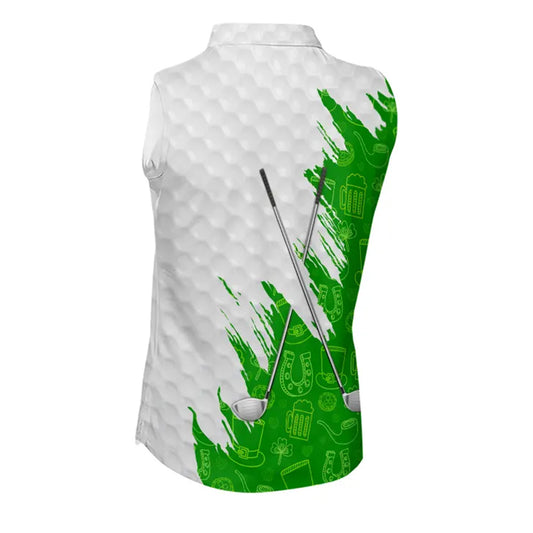 Green and White St Patrick's day pattern custom Women Sleeveless polos, team golf attire for ladies NQS11422