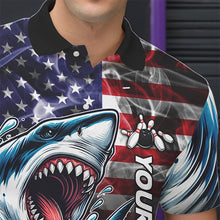 Load image into Gallery viewer, Smoke American Flag Shark Bowling Polo, 1/4 Zip Shirts for Men Custom patriotic Team Bowling jerseys NQS9671