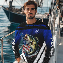 Load image into Gallery viewer, Largemouth Bass fishing American Flag Custom patriotic long sleeve team Bass fishing shirts | Blue NQS9529