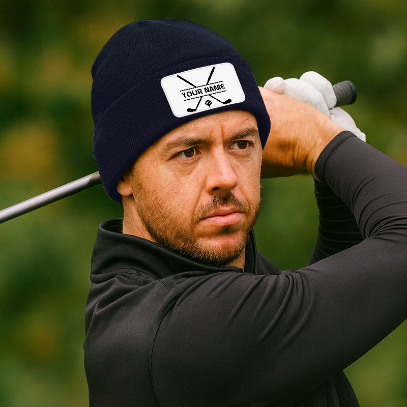 Personalized Golf Knit Beanie Hat Custom Winter Rectangle Patch Golf Beanie Hat, unique golf gifts NQS10888