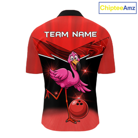 Funny Pink Flamingo Bowling Polo, 1/4 zip shirts for Men Custom Flamingo Team bowling outfit | Red NQS11654