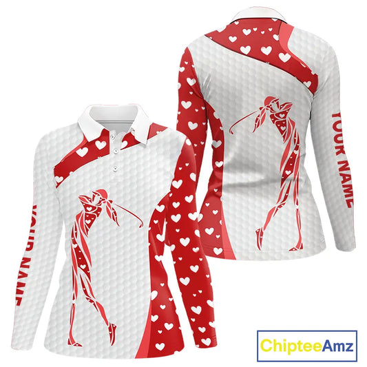 Personalized Red Hearts pattern golf white Womens golf polo shirts custom name Valentine golf gifts NQS11259