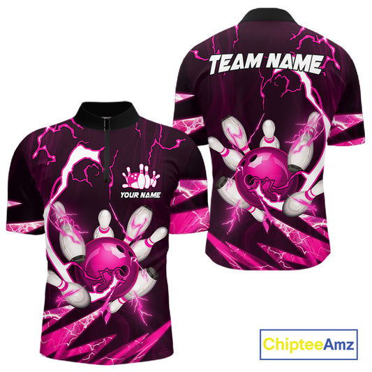 Pink Thunder Lightning bowling ball and pins jerseys Custom Team Bowling Polo, 1/4 Zip Shirts For Men NQS11283
