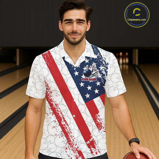 Red, white & blue American Flag Bowling Hawaiian Shirt Custom patriotic Bowling Team Button up shirt NQS11292