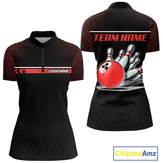 Personalized Black and Red Bowling Polo, 1/4 Zip Shirts For Women Custom Team Bowling Jerseys NQS11101