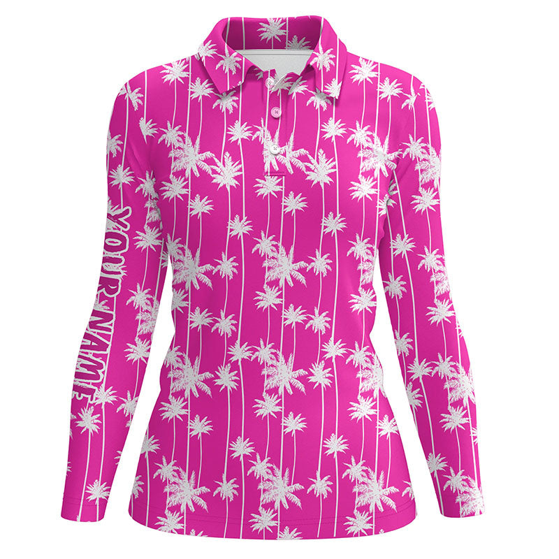 Womens golf polo shirt custom pink palm tree tropical pattern womens golf shirts, golf gift for women NQS6207