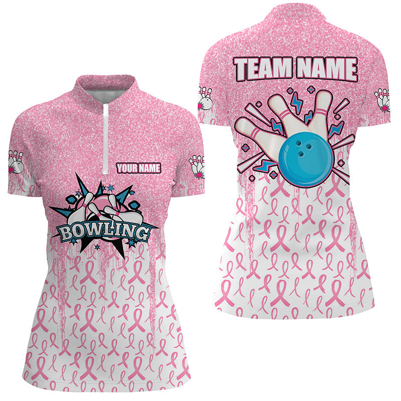 Pink glitter ribbon Women Bowing Polo, 1/4 Zip Shirts Custom Breast Cancer Awareness bowling jerseys NQS8103