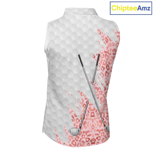 Pink glitter Leopard skin pattern custom name white sleeveless polo shirts, team ladies golf tops NQS11526
