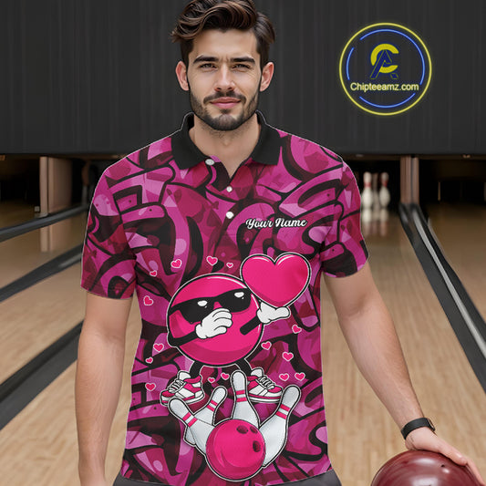Funny Bowling heart pink graffiti pattern Valentine Mens Bowling Shirts Custom Couple Bowling Outfits NQS11322