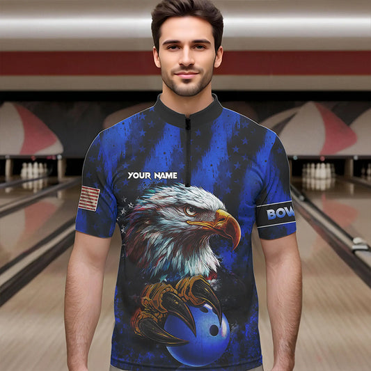 American Flag Eagle Mens Bowling Polo, 1/4 Zip Shirt Custom Name Patriotic Bowling Team Jersey | Blue NQS9755