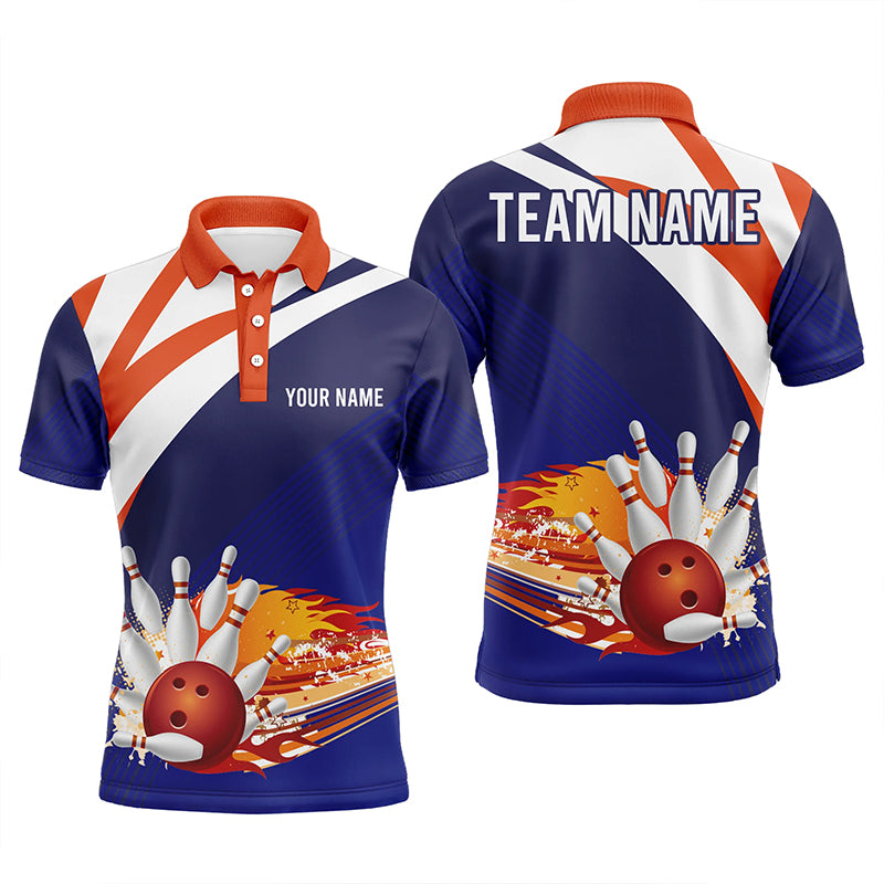 Custom Blue orange bowling shirt for men – personalized team jersey front view