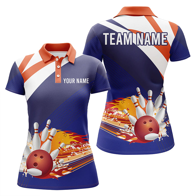 Custom Blue orange bowling shirt for women – personalized team jersey front view