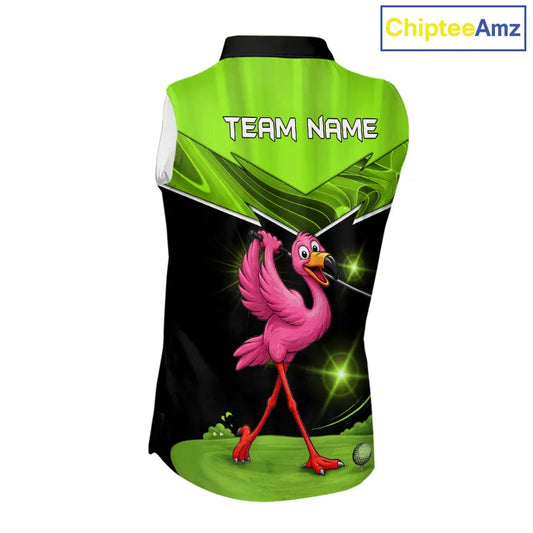 Funny Flamingo Green Sleeveless Golf Shirt Custom Flamingo Team ladies golf tops, funny golf gifts NQS11675