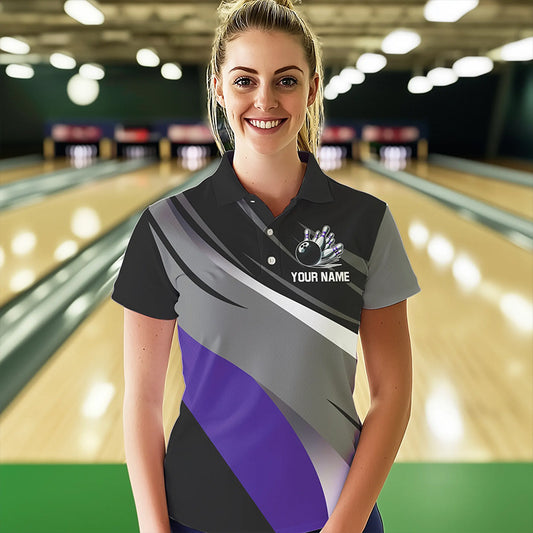 Personalized Black, Gray and Purple Bowling Shirt For Women, Bowling Ball And Pins Bowling Team Shirts NQS9785