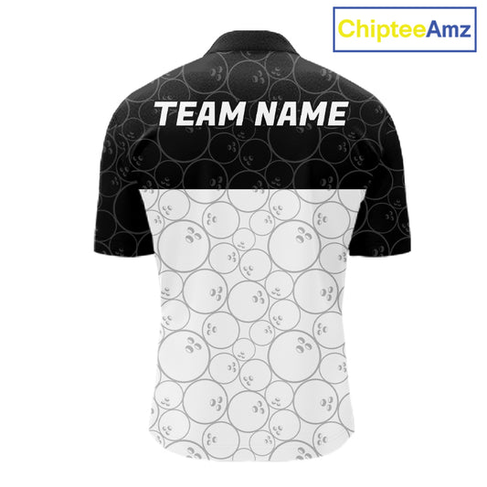 Black and White Bowling Camo Polo, 1/4 Zip Shirts for Men Custom Bowling Team League Bowlers Outfit NQS11701