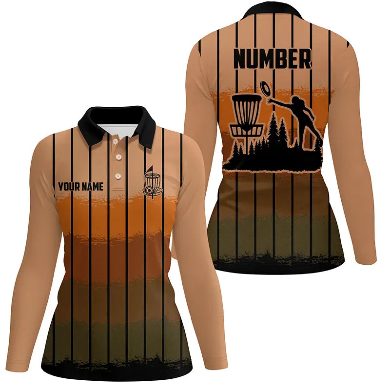 Orange stripe Retro disc golf polo shirt for women custom name and number disc golf jerseys NQS9080