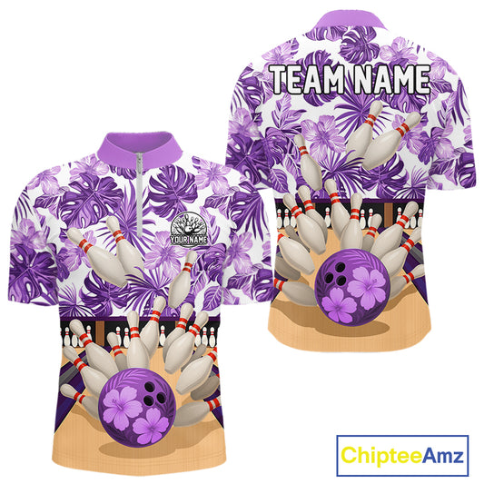 Purple tropical flower Bowling Polo, Quarter Zip Shirts For Men Custom bowling team jersey NQS10989