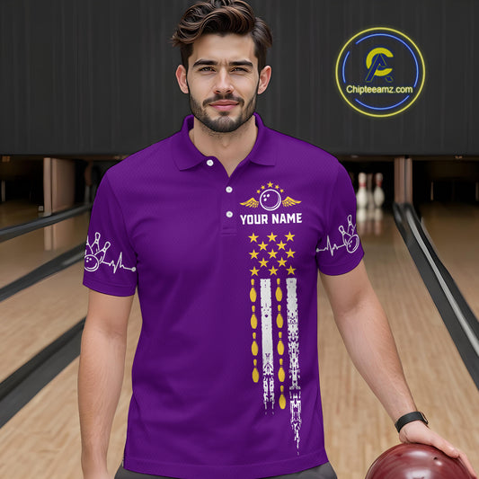 Yellow and Purple Retro American Flag Bowling Shirts For Men Custom Patriotic Bowling Team Jerseys NQS11213
