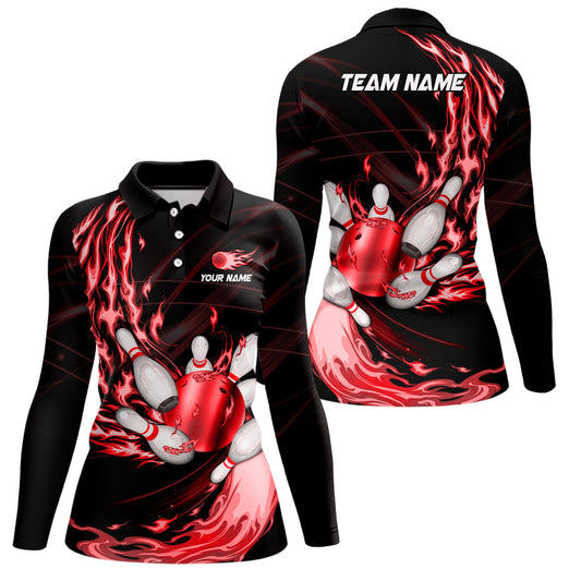 Black Womens bowling shirts Custom Red flame Bowling ball and pins Team league bowler Jerseys NQS8484