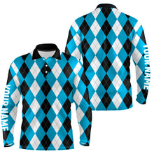 Load image into Gallery viewer, Mens golf polo shirts custom cyan blue argyle plaid pattern golf attire for men, golfing gifts NQS7695