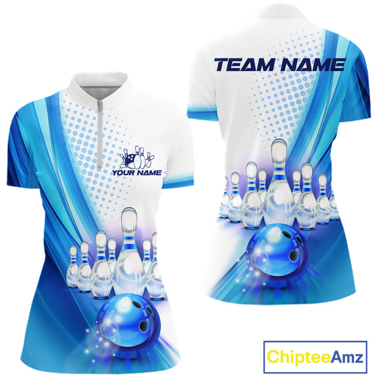 Custom Blue and White Bowling Women's Polo, Quarter Zip Shirts, Bowlers Outfit NQS10607