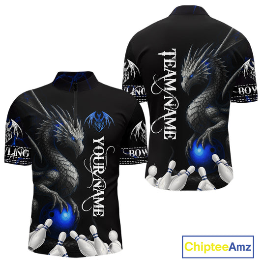 Black And Blue Dragon Bowling Polo, 1/4 Zip Shirt For Men Custom Dragon Bowling Team League Jersey NQS10628
