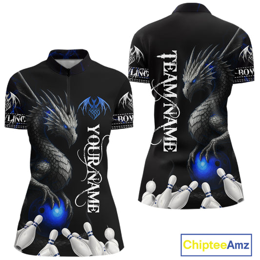 Black And Blue Dragon Bowling Polo, 1/4 Zip Shirt For Women Custom Dragon Bowling Team League Jersey NQS10628