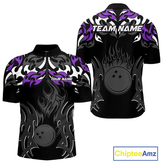 Black and Purple Flame Bowling Polo, Quarter Zip shirt for men Custom Team bowling jersey bowler gift NQS10535
