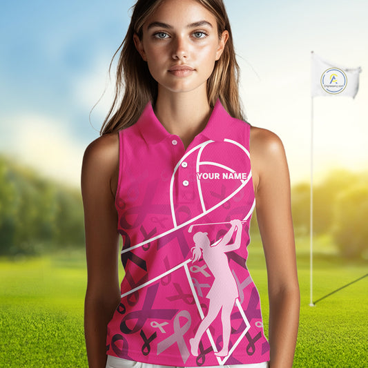Pink ribbon pattern breast cancer awareness Women sleeveless polo shirt Custom team ladies Golf top NQS10189