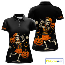 Load image into Gallery viewer, Black and Orange Skull Golf polo shirt for Women Custom Halloween Ladies golf outfit NQS10353