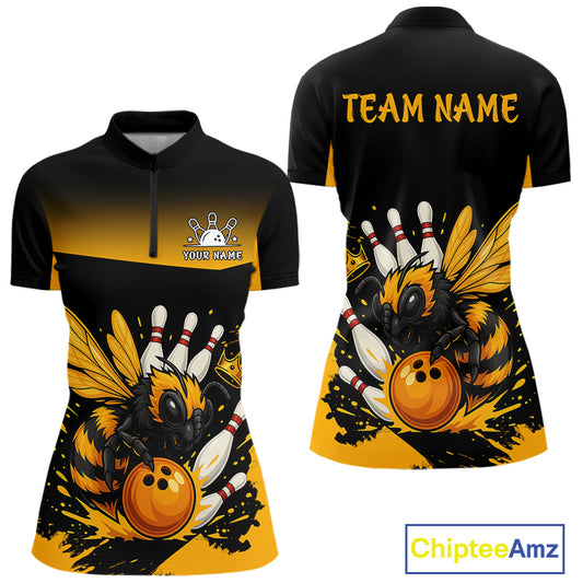 Custom Black and Yellow Bee Bowling Polo, 1/4 Zip Shirts For Women, Bee Bowling Team Bowlers Outfit NQS10361