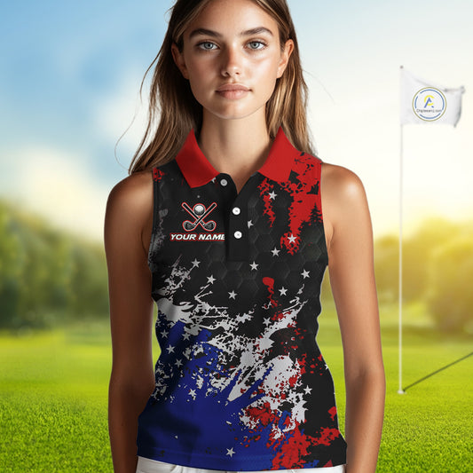 Red, White and Blue Women Sleeveless polo shirt Custom Patriotic Gift For Golfers, Ladies golf outfit NQS10590