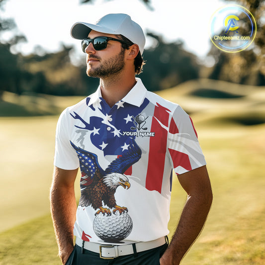 Red, White and Blue American Flag Eagle Mens Golf Polo Shirts Custom Patriotic Golf attire For Men NQS10640