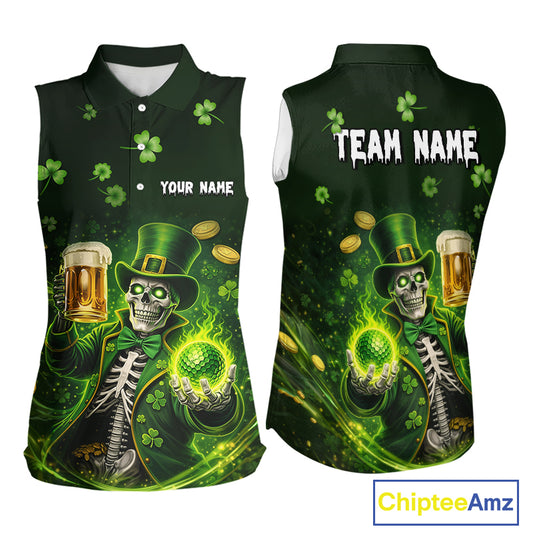 Funny Skull drink beer St Patrick's Day Green shamrock Custom ladies sleeveless golf tops NQS11411