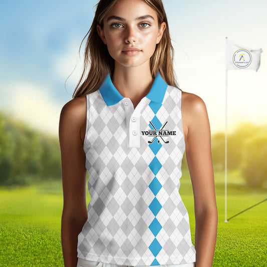 Custom Blue and White argyle pattern Sleeveless Golf Polo Shirt, personalized team ladies golf outfit NQS11210