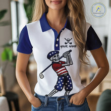 Load image into Gallery viewer, Red, White and Blue American Flag Skull Golf polo shirts for Women custom patriotic ladies golf top NQS10851