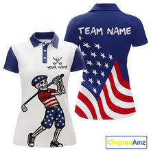 Load image into Gallery viewer, Red, White and Blue American Flag Skull Golf polo shirts for Women custom patriotic ladies golf top NQS10851