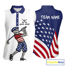 Load image into Gallery viewer, Red, White and Blue American Flag Skull Sleeveless Golf polo shirt custom patriotic ladies golf top NQS10851