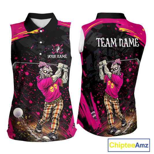 Black and Pink Funny zombie women's sleeveless polo shirts Custom sleeveless golf shirts for women NQS11443