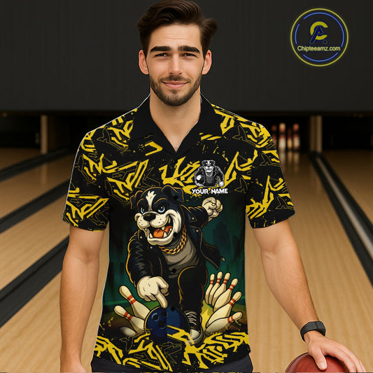 Black and Yellow Camo Funny Bulldog Bowling Hawaiian Shirt Custom Cool Bowling Outfits Team Jerseys NQS11215