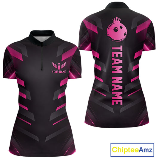 Black and Pink Bowling Polo, Quarter Zip Shirts For Women Custom Team Bowling Jersey, Gift For Bowler NQS11633