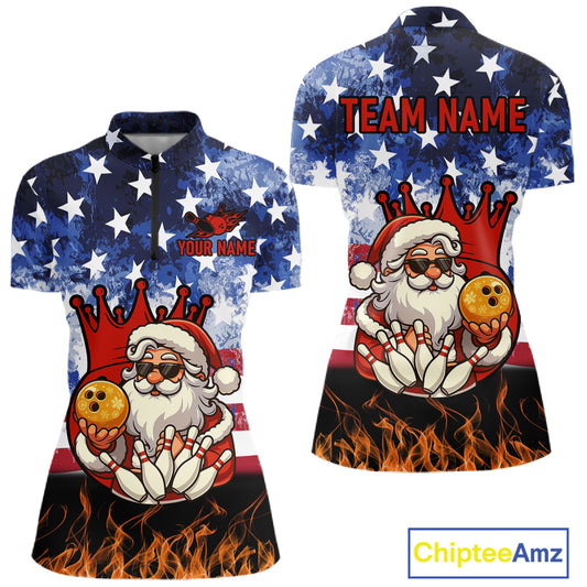 Custom American Flag Flame Funny Santa Christmas Bowling Shirts For Women, Bowling Team Jersey NQS11040