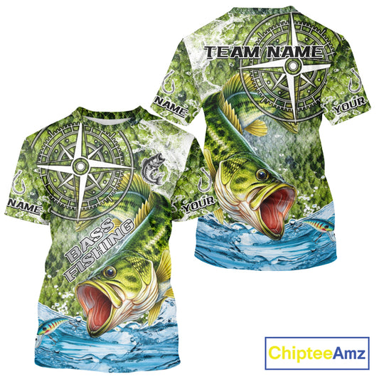Personalized Largemouth Bass Fishing Shirts Green Scales Compass Performance Tournament Bass Jerseys NQS11440
