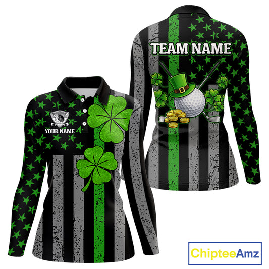 Custom Black Grunge US Flag Patriotic Golf Polo shirt for Women Green Shamrock St Patrick Team Jersey NQS11448