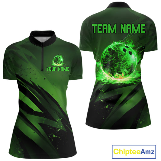 Custom Black and Green Flame Womens Bowling Shirts, Bowling Polo, 1/4 Zip Team Jerseys NQS11130