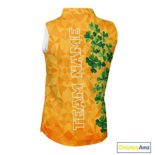 Orange pattern Green clovers St Patrick's Day Sleeveless Golf shirt Custom best golf gifts for ladies NQS11697